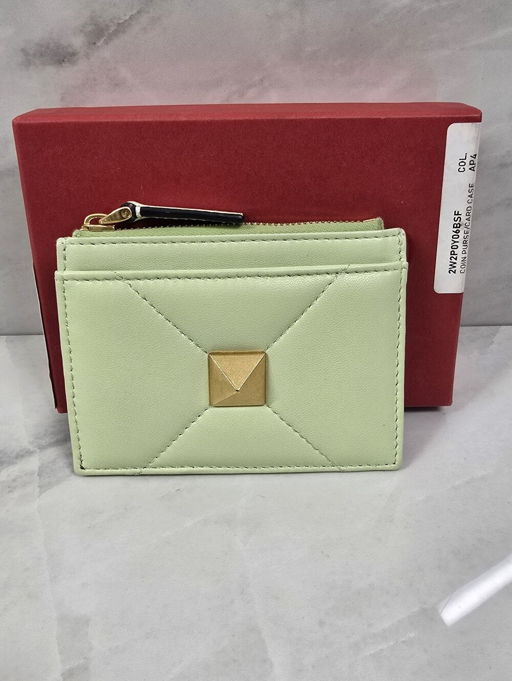 Valentino Garavani Pale Green Quilted Card Holder with Gold Stud